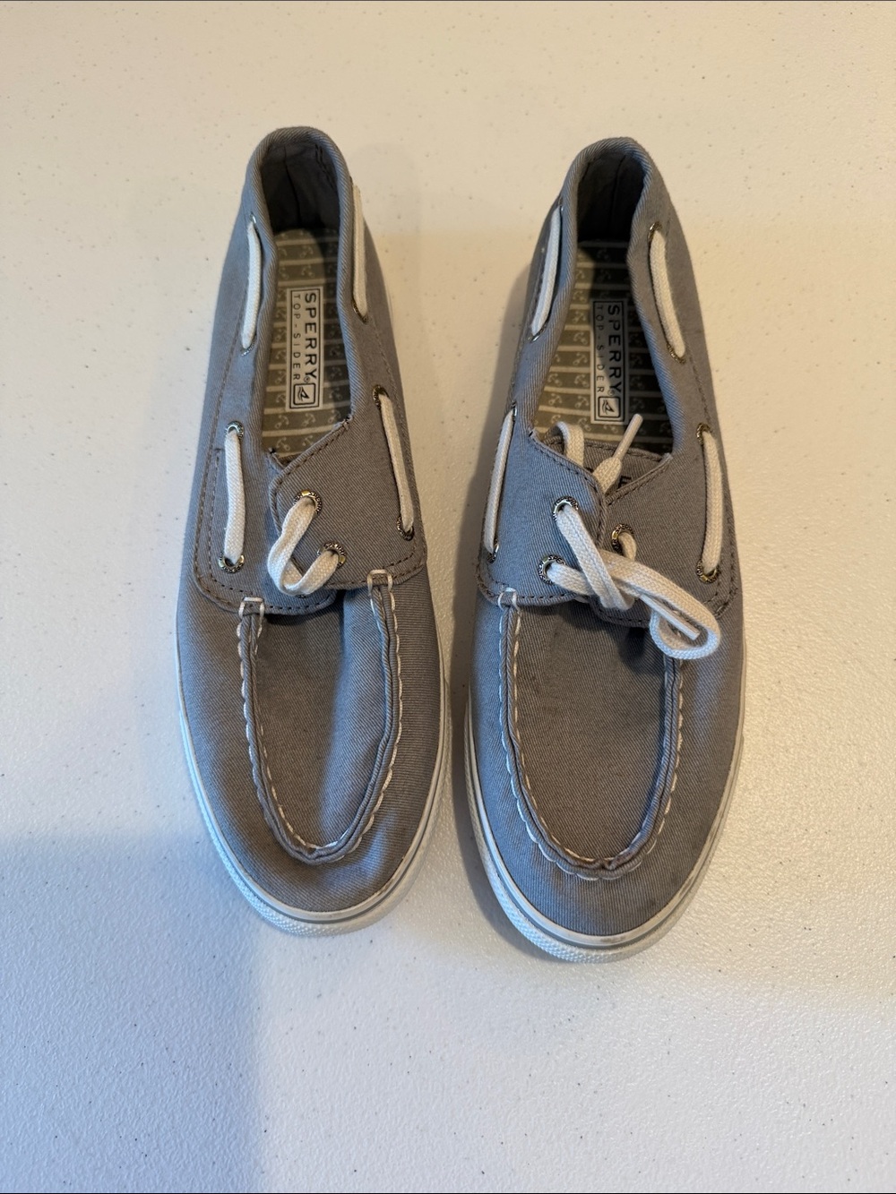 Sperry Light Gray Canvas Boat Shoes with White Laces